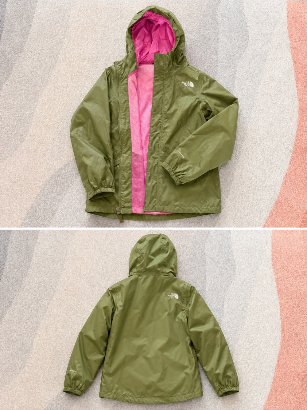 The North Face Olive Green Kids' Raincoat with Pink Lining
